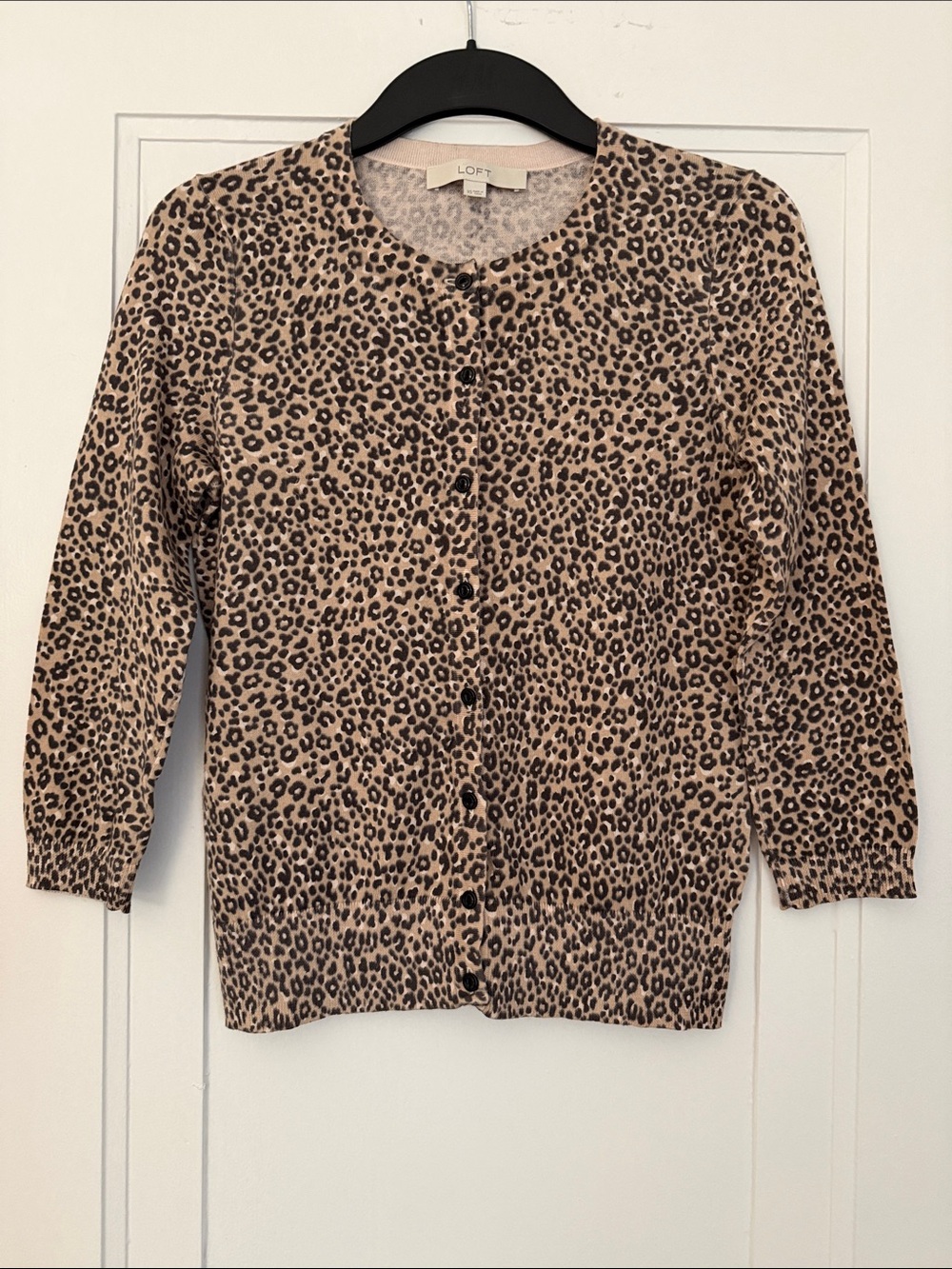 LOFT Leopard-Print Crewneck Cardigan — Beige and Black